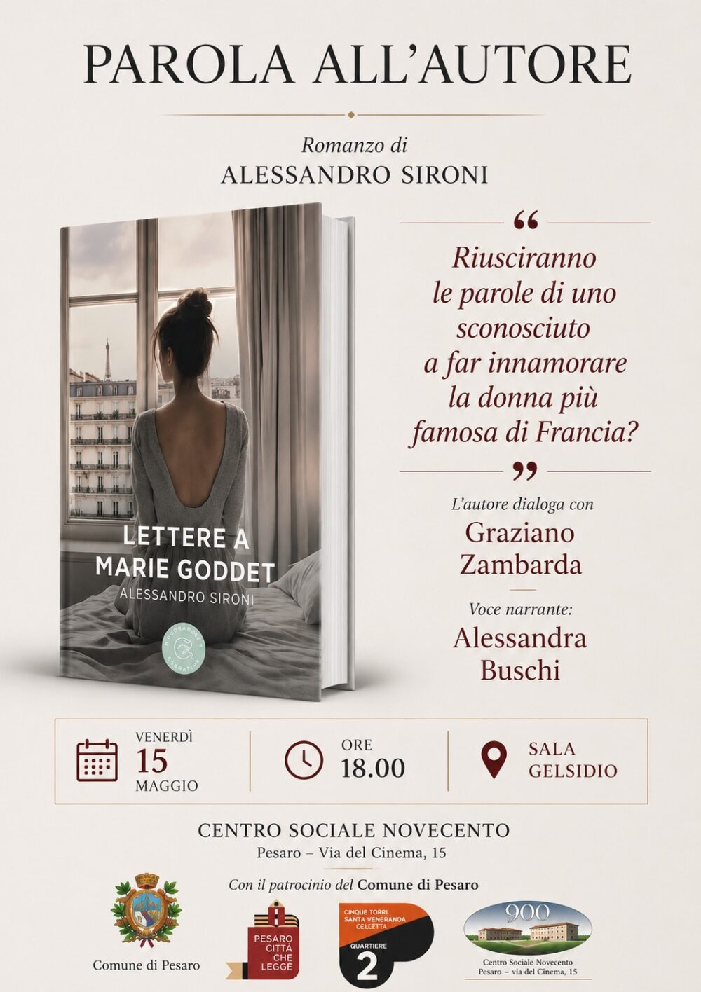 Locandina presentazione libro Lettere a Maria Goddet. Incontro con l'autore Alessandro Sironi.