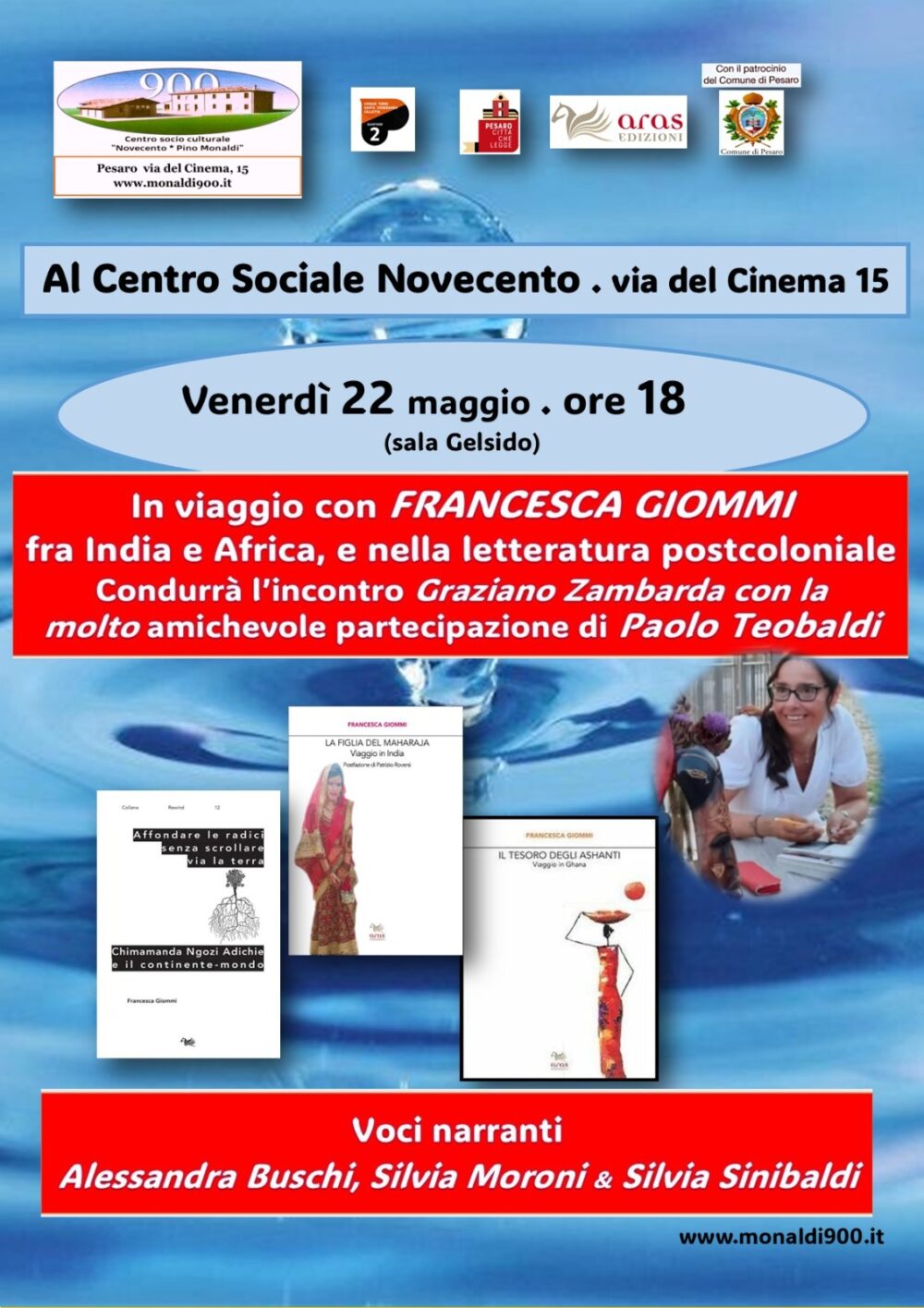 locandina Francesca Giommi e la presentazione dei suoi libri nel Circolo Pino Monaldi di Pesaro.