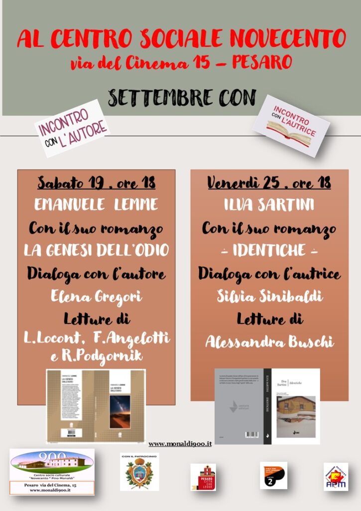 locandina  "INCONTRO CON L'AUTORE" per il mese di settembre 2026. Sabato 19 e venerdi 25 al Centro Sociale Novecento - Pesaro.